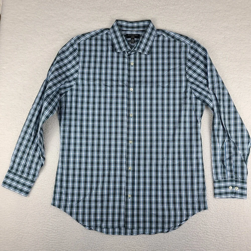 Banana Republic Shirt Mens XL Blue Dark Green Plaid Tailored Fit Dress Button Up